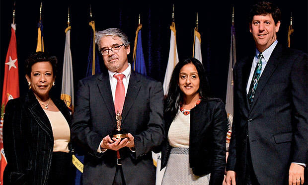 Michael Lieberman ’81 was honored, on Oct. 21, 2015, with the Attorney General’s Award for Meritorious Public Service for “Outstanding Contributions to Combat Hate Crimes.” L-R: U.S. Attorney General Loretta E. Lynch; Lieberman; Acting Assistant Attorney General for Civil Rights Vanita Gupta; and Steven M. Dettelbach, then the U.S. Attorney, Northern District of Ohio